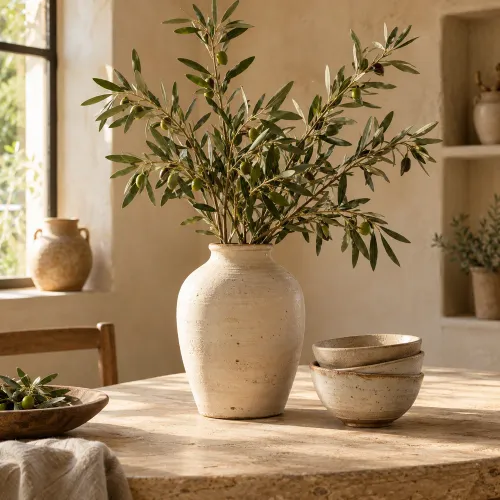 Vase en céramique et branches d’olivier dans un atelier ensoleillé