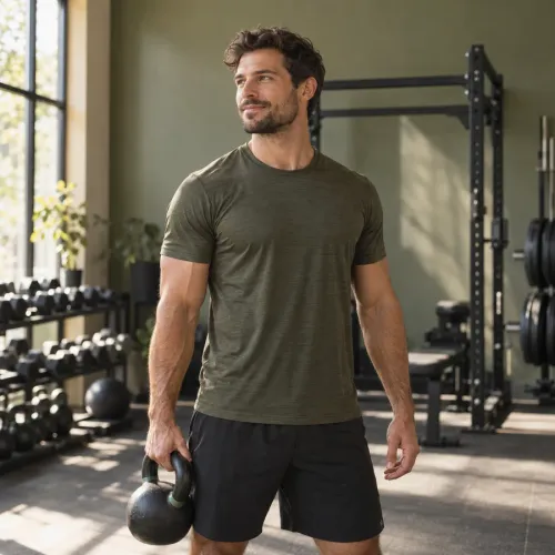 Coach sportif dans un studio d’entraînement lumineux, un kettlebell à la main