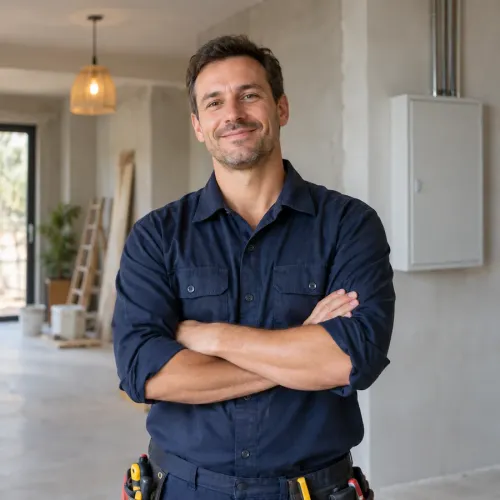 Artisan électricien en tenue de travail bleu marine dans une maison en rénovation