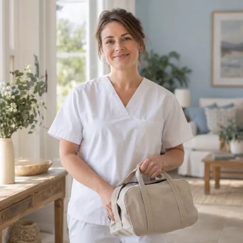 Infirmière souriante en tenue blanche, avec sa mallette de soins dans un intérieur lumineux