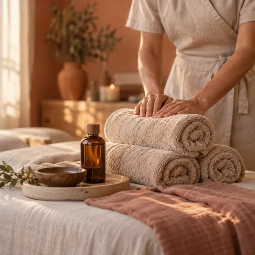 Masseuse préparant des serviettes et des huiles dans un espace aux tons terracotta